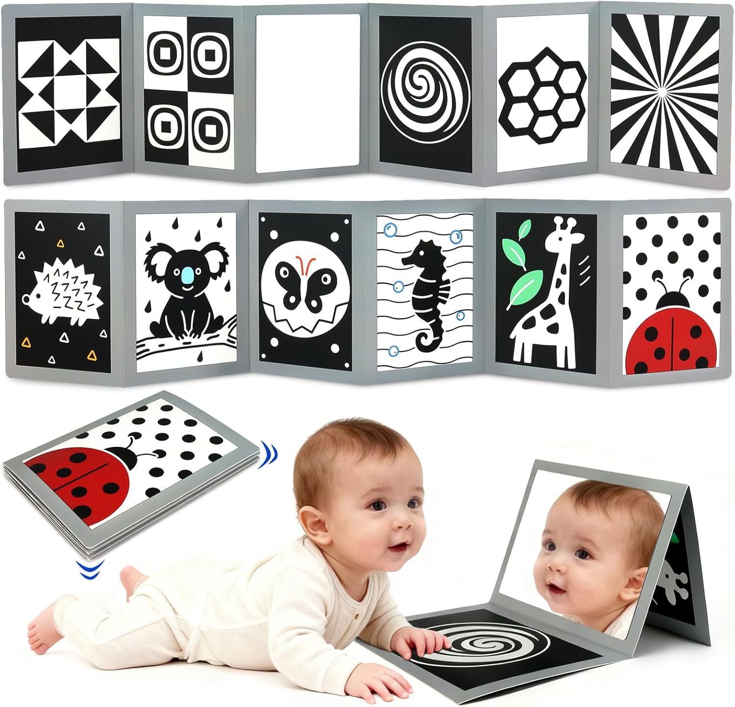 KUANGO high contrast black and white baby book front view for infant brain development