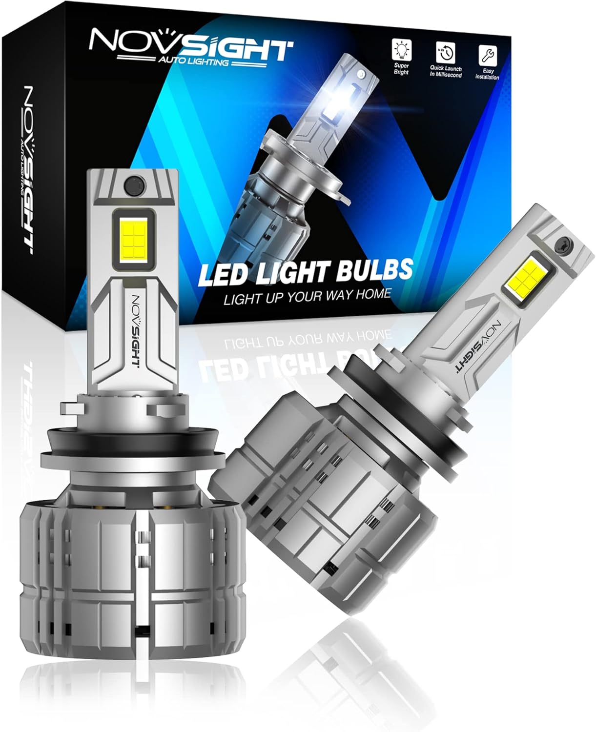 NOVSIGHT H11 LED fog light bulbs front view showing premium CSP chips and compact aluminum body