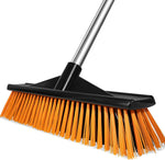 Niccfdc heavy duty outdoor push broom front view showing wide orange bristles and long handle for yard cleaning.