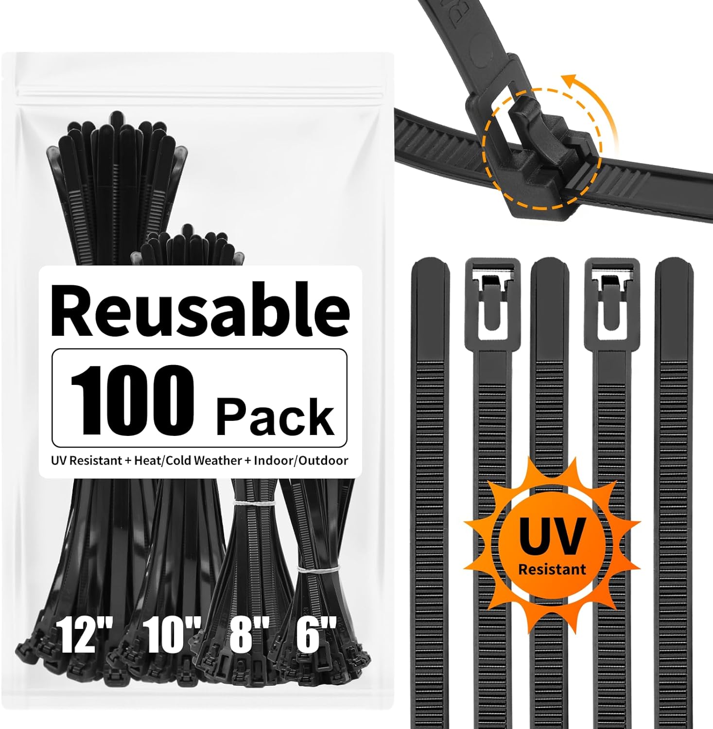 SOOOEC 100 Pack Reusable Zip Ties front view displaying assorted sizes for cable management.