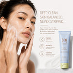 Pixi pore minimizing daily facial cleanser bottle standing next to fresh botanical ingredients