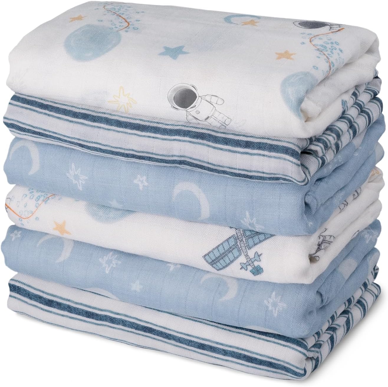 GLLQUEN BABY cotton muslin swaddle blankets 6 pack front view blue astronaut pattern