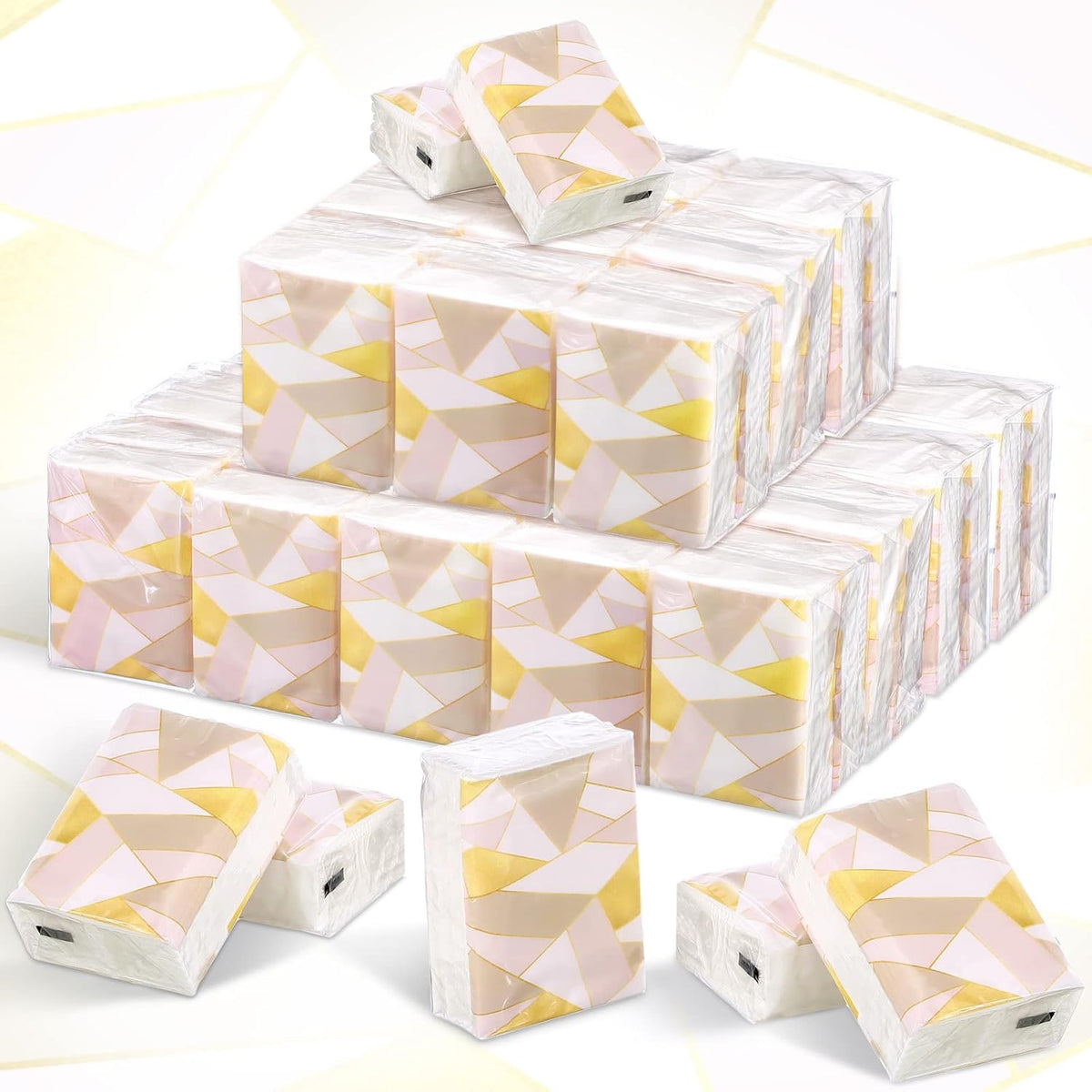 Sinmoe 50 pocket tissue bulk packs displayed from the front showcasing modern geometric designs.