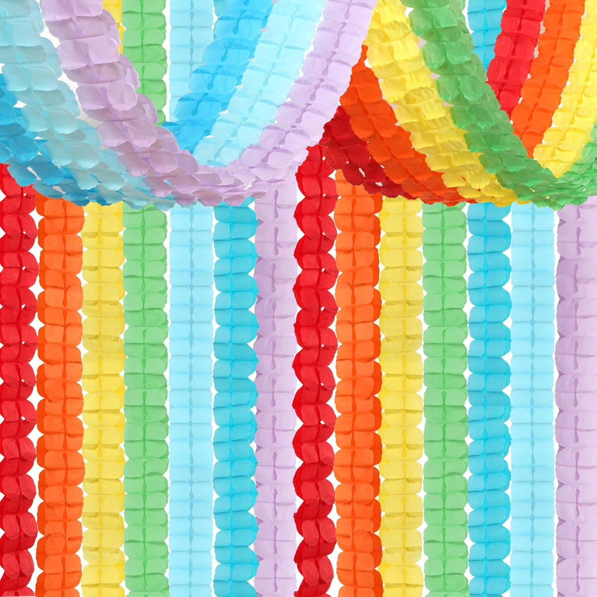 Ouruola rainbow streamers garland front view displaying full spectrum colors for party backdrop setup.