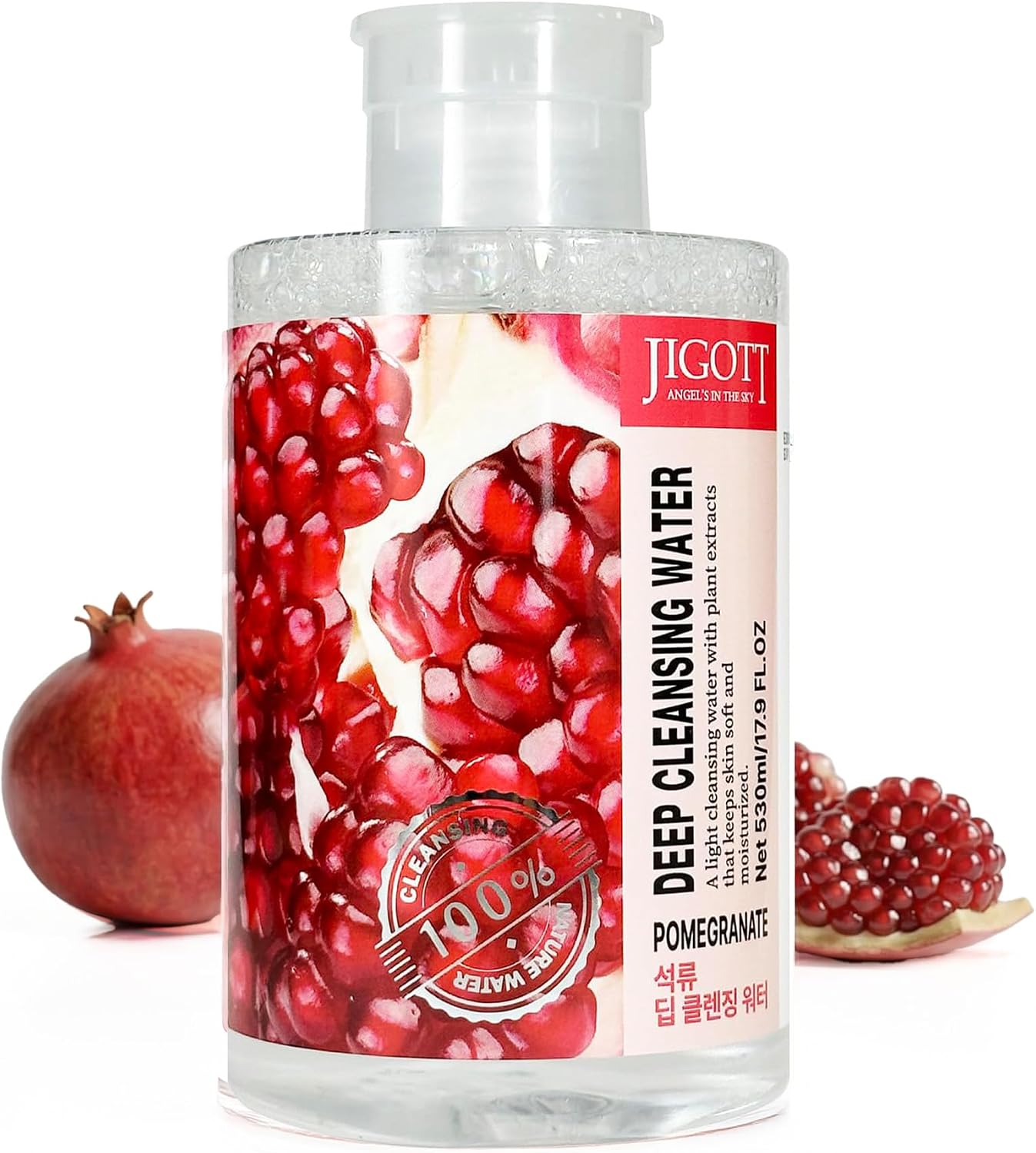 Jigott Pomegranate Deep Cleansing Water front view of the 530 milliliter bottle