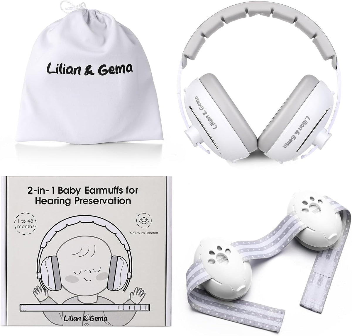 Lilian&Gema 2-in-1 baby ear muffs front view white color