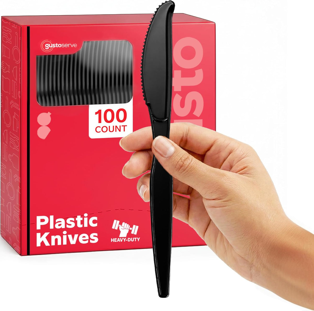 Gusto Basic Black Plastic Knives front view heavy duty disposable cutlery