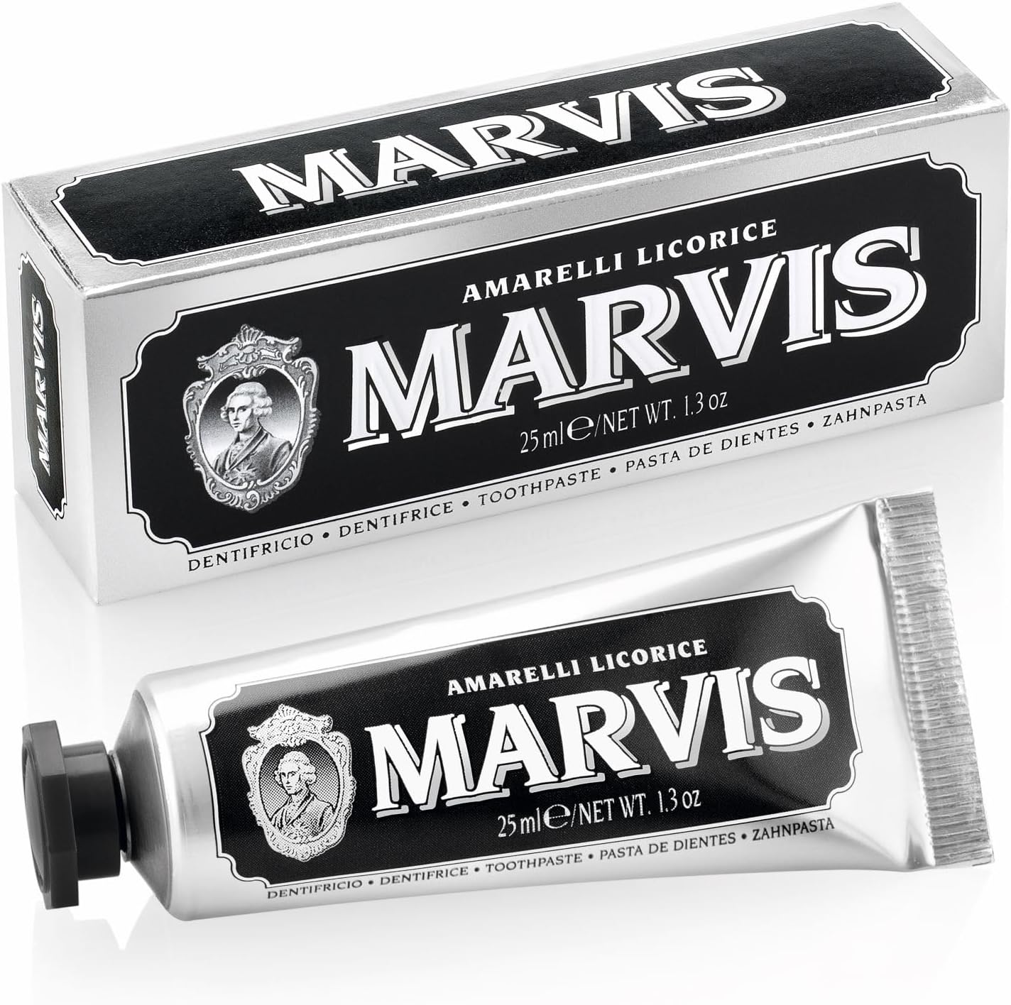 Marvis Amarelli Licorice Mint Toothpaste travel size tube front view for luxury oral care.