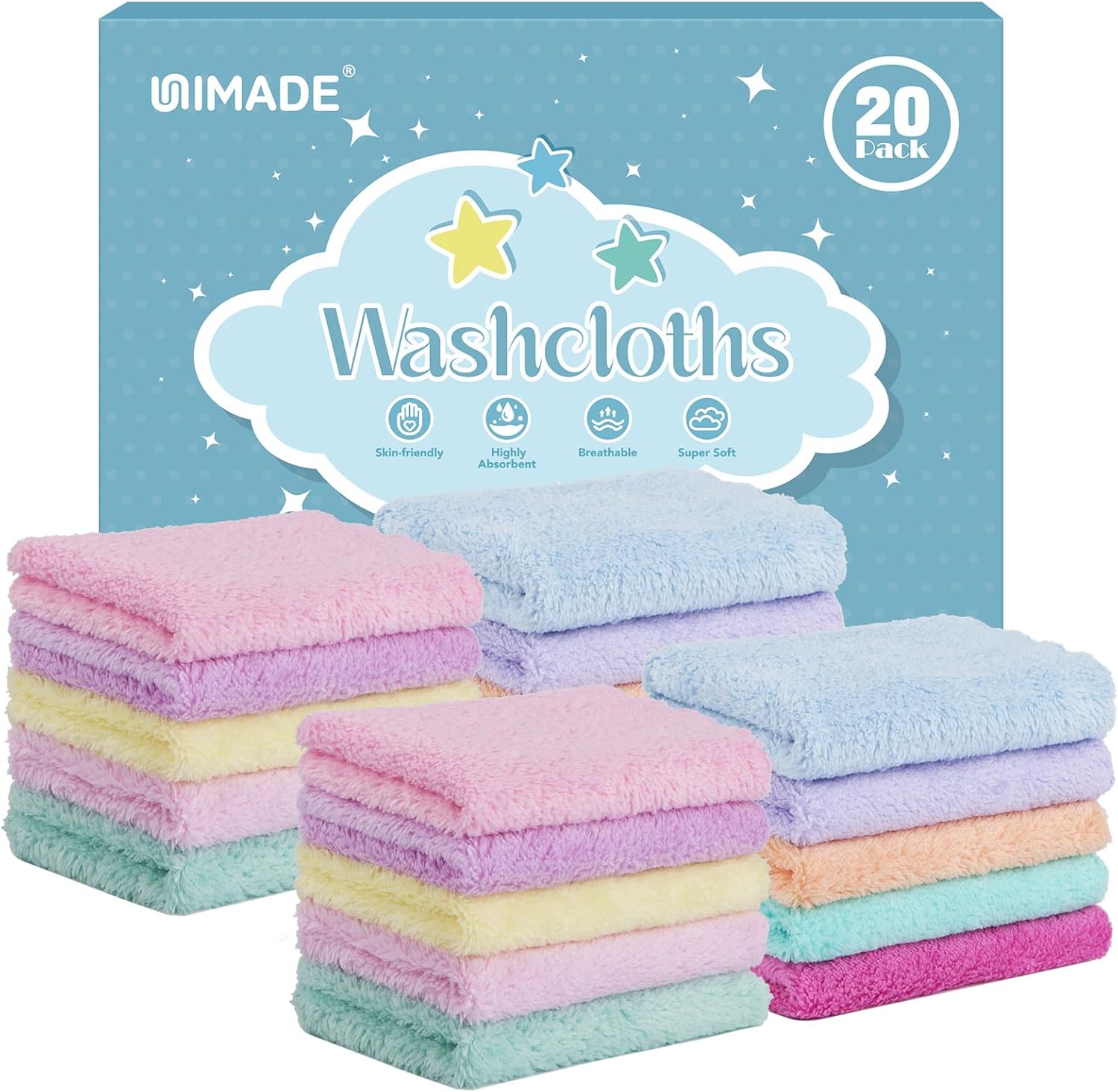 Unimade baby washcloths 20 pack microfiber coral fleece front view
