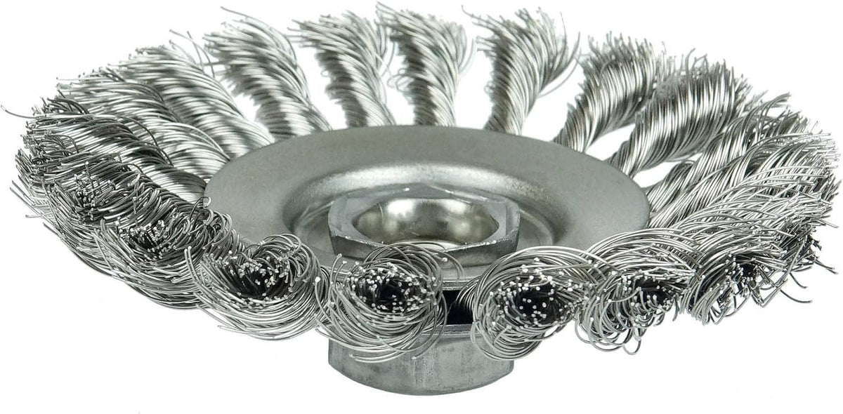 Close up view of 0.020 Inch partial twist knotted steel bristles on grinding accessory