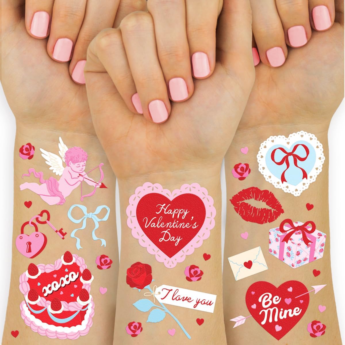 xo, Fetti Valentine Temporary Tattoos - 48 designs, 2 sheets | Pink and Red Hearts, Love Theme, Classroom Favors, Party Supplies, Kids Valentines, Galentines Gifts, Girly Glam - Image 1