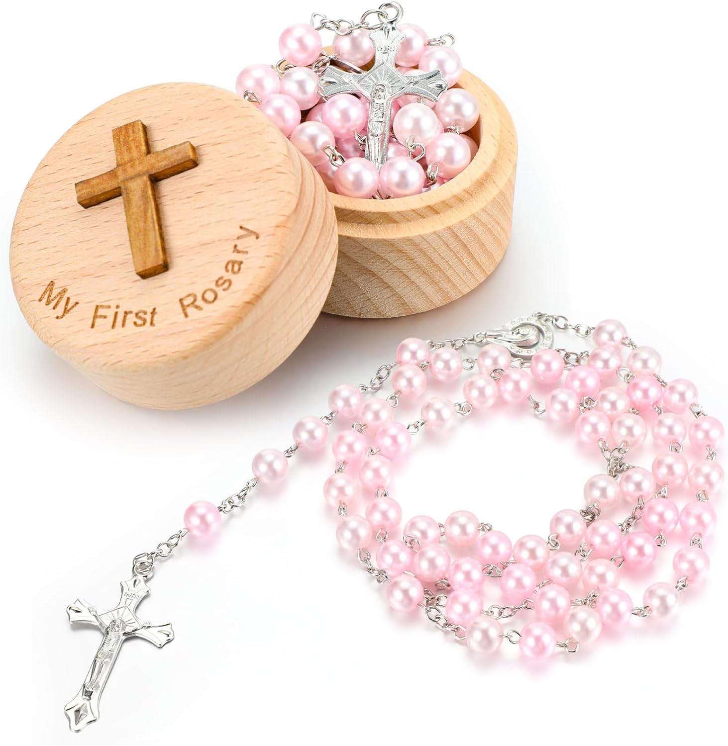 Loetere baptism rosary pink pearl beads with wooden keepsake box front view