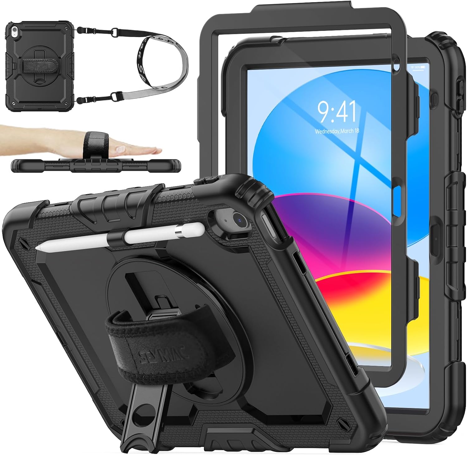 SEYMAC stock iPad tenth generation heavy duty protective case front view in black color featuring built in screen protector