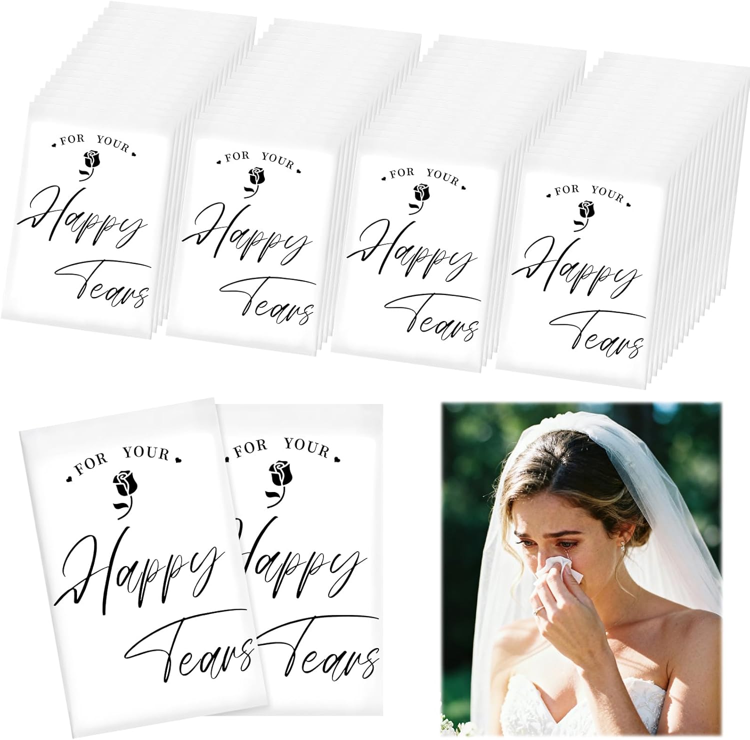 Ocmoiy Happy Tears Tissues front view showing premium wedding guest favor packaging design