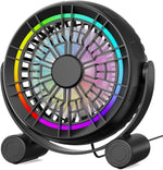 Punoge USB RGB desk fan in black showing the front view with LED lights illuminated on an office desktop.
