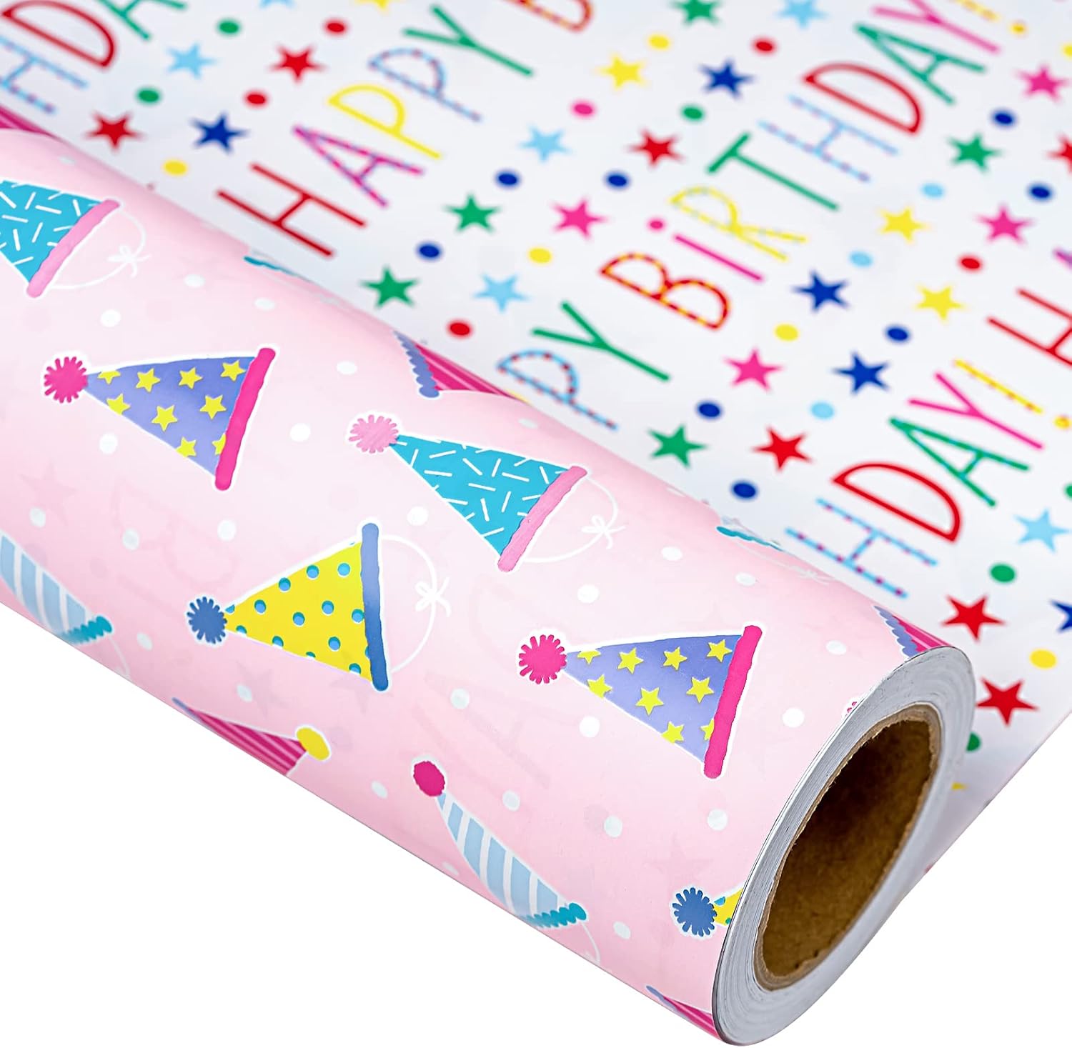 MAYPLUSS Reversible Birthday Gift Wrapping Paper Roll front view showing pink party hat pattern