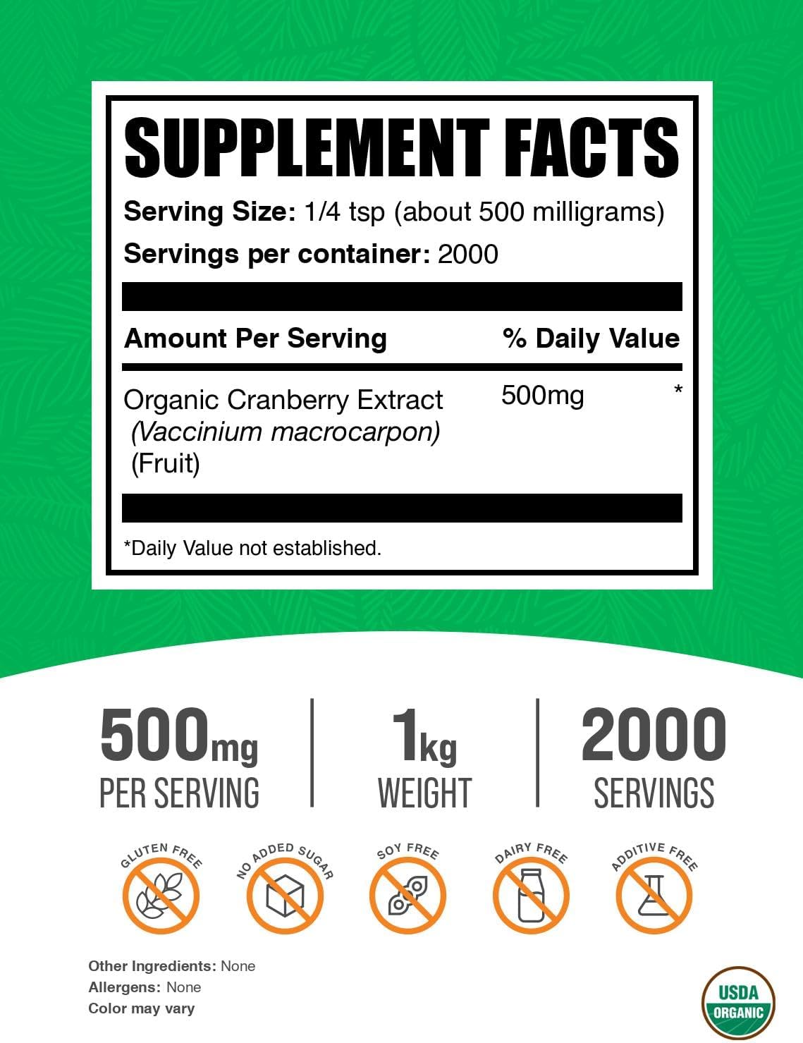 Pure Vegan Cranberry Extract Powder Supplement Facts Label