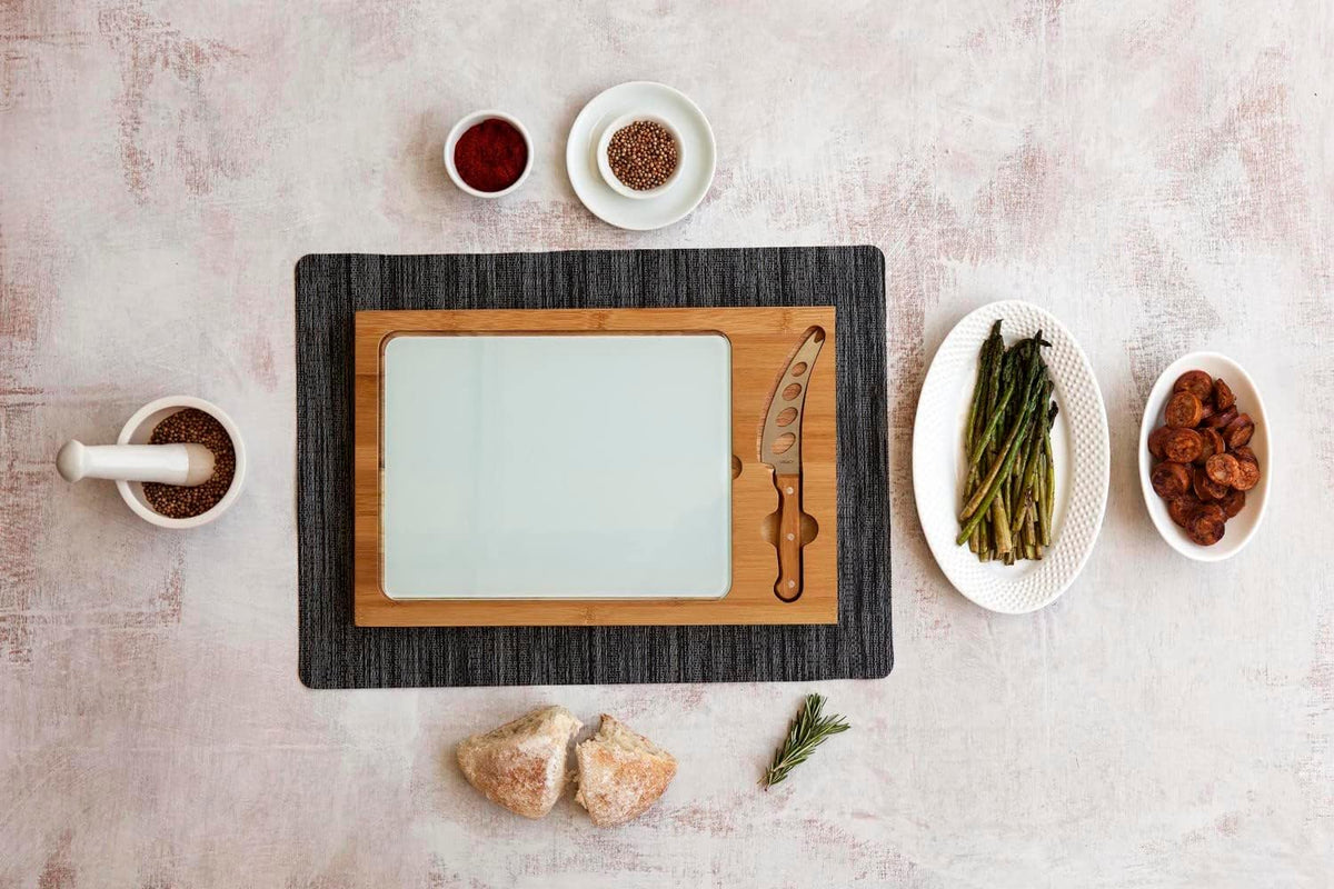 Picnic Time NCAA Icon Glass Top Cutting Board and Knife Set angled display