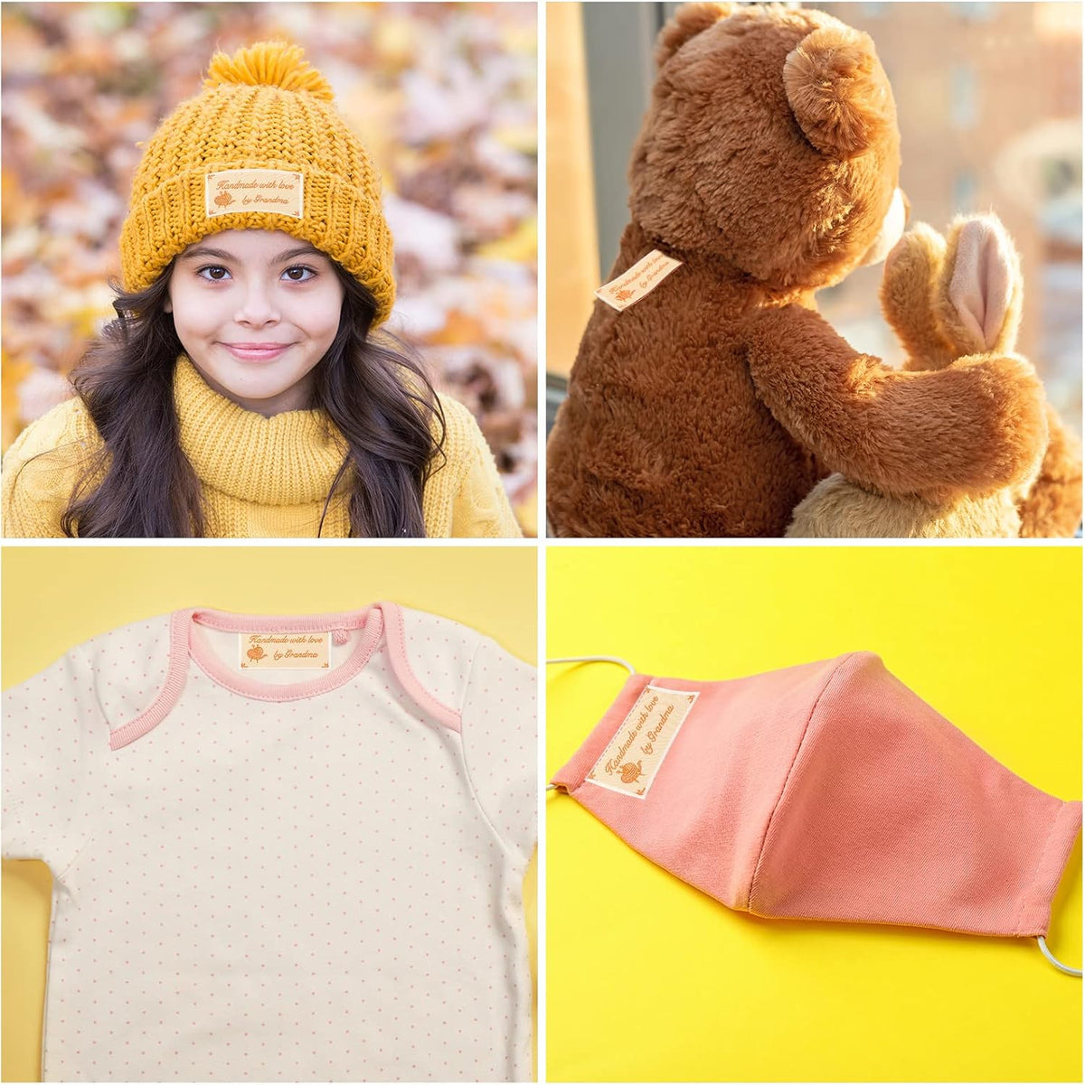 Knitted sweater decorated with personalized sewing craft labels