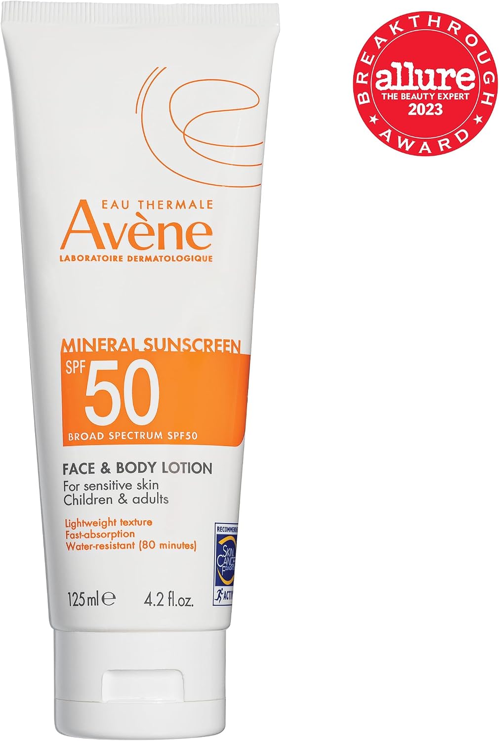 Close up of Avène mineral sunscreen tube showing SPF 50 label.