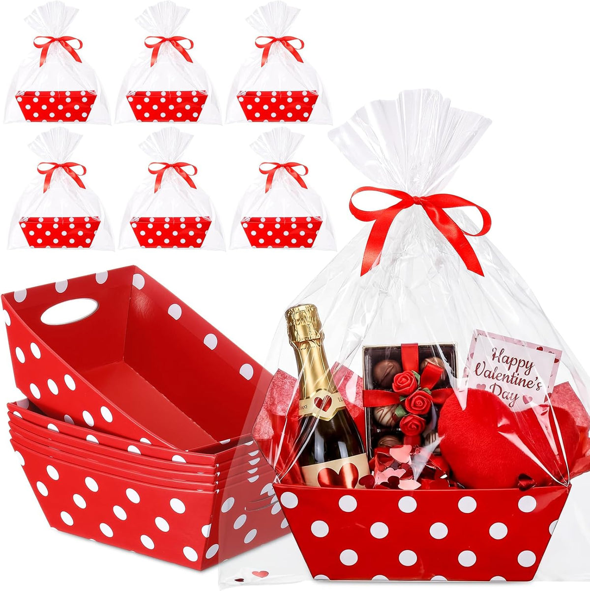 Fullhawl 6 pack valentines basket for gifts empty front view showing red polka dot cardboard market tray