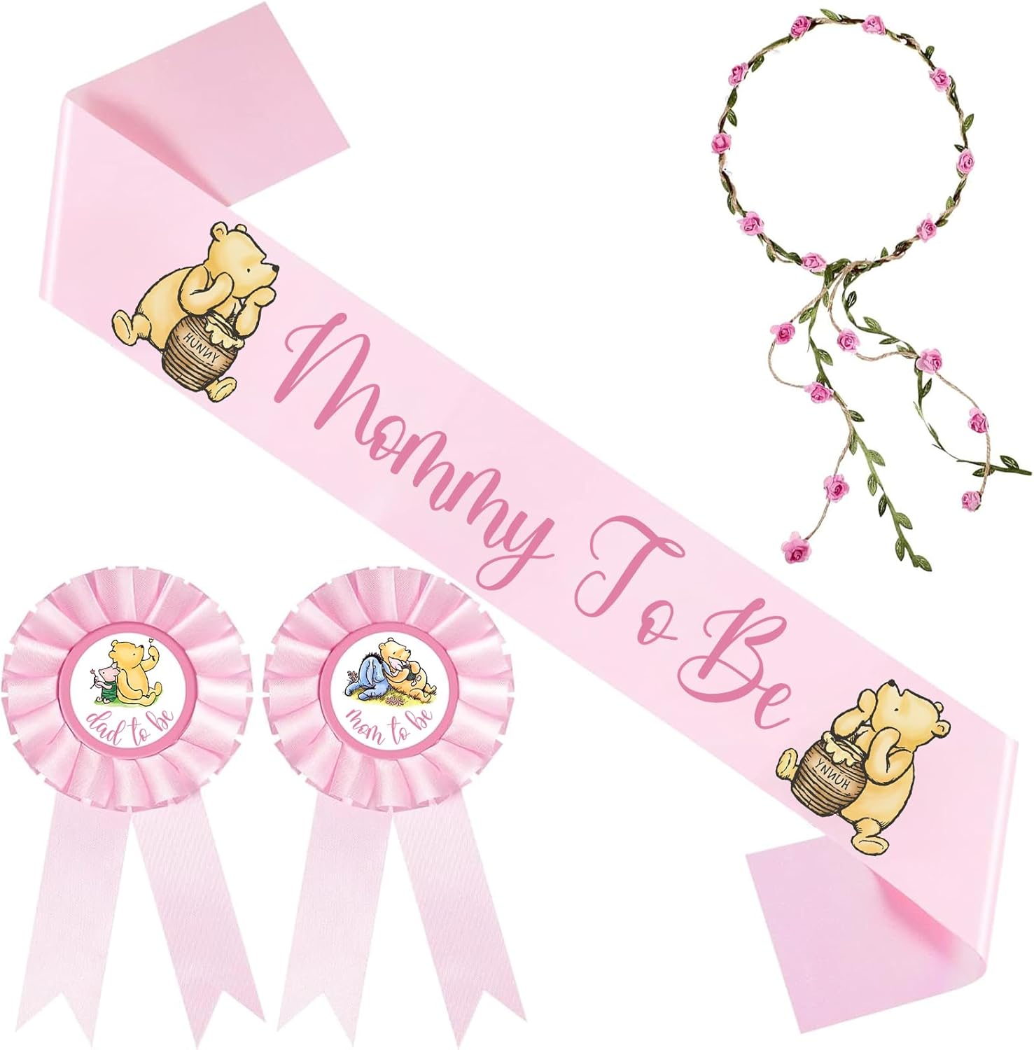 OIXXAF Winnie baby shower sash kit front view featuring pink satin mommy to be sash and matching floral crown.