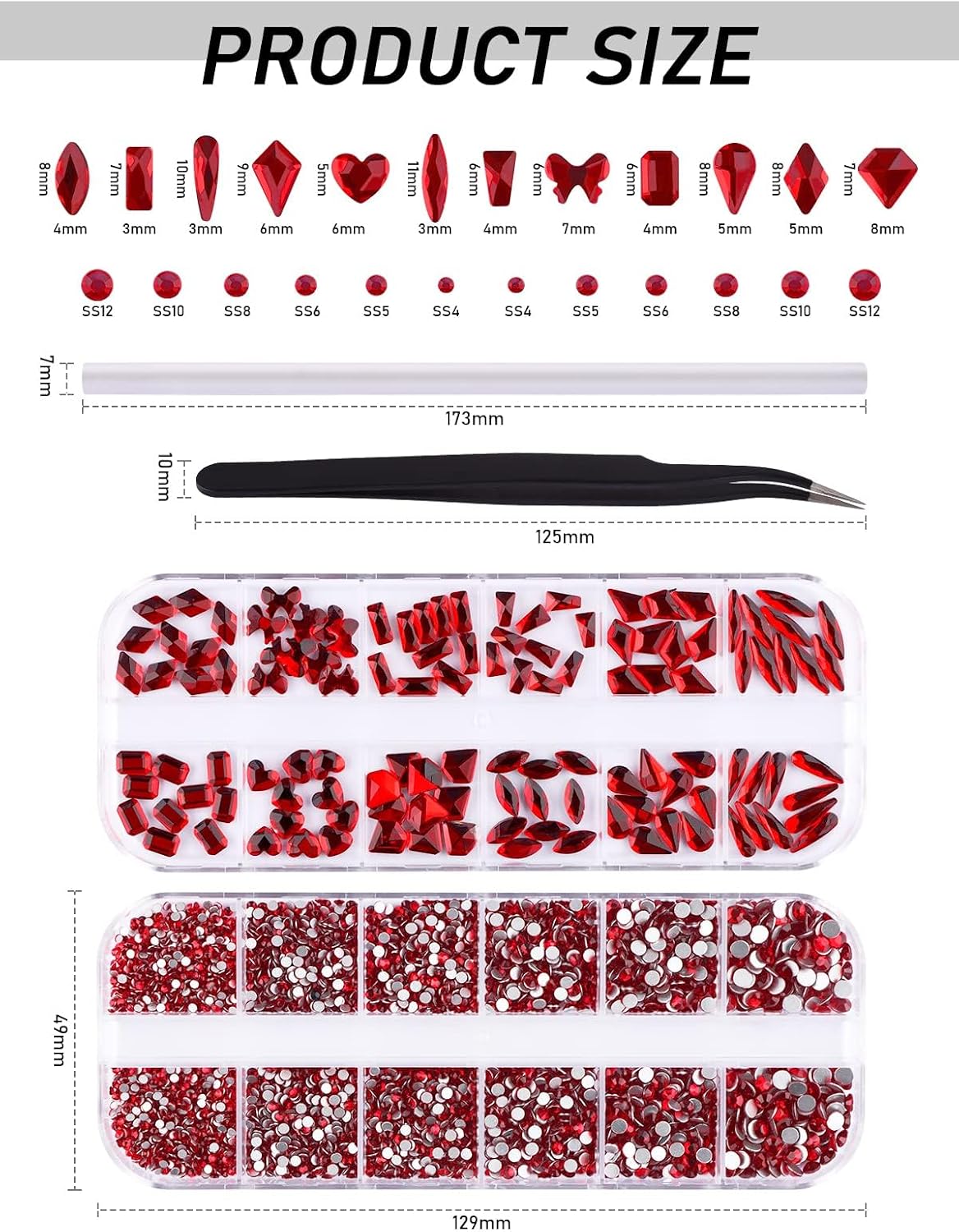 Included precision tweezers and wax picker dotting pen for nail art application.