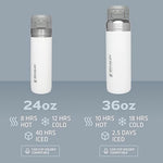 Stanley Polar white vacuum insulated flask fitting into a vehicle cup holder