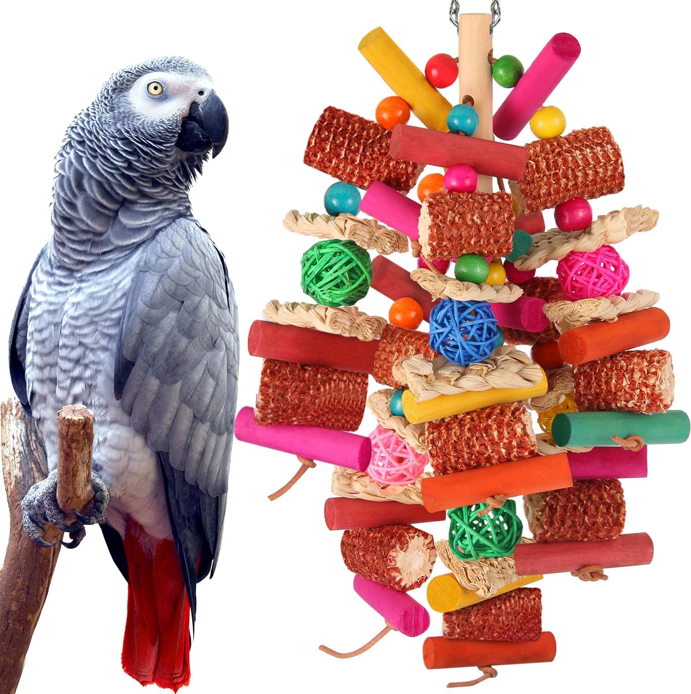 Kyouki natural parrot chewing and foraging bird toy front view hanging in a cage.