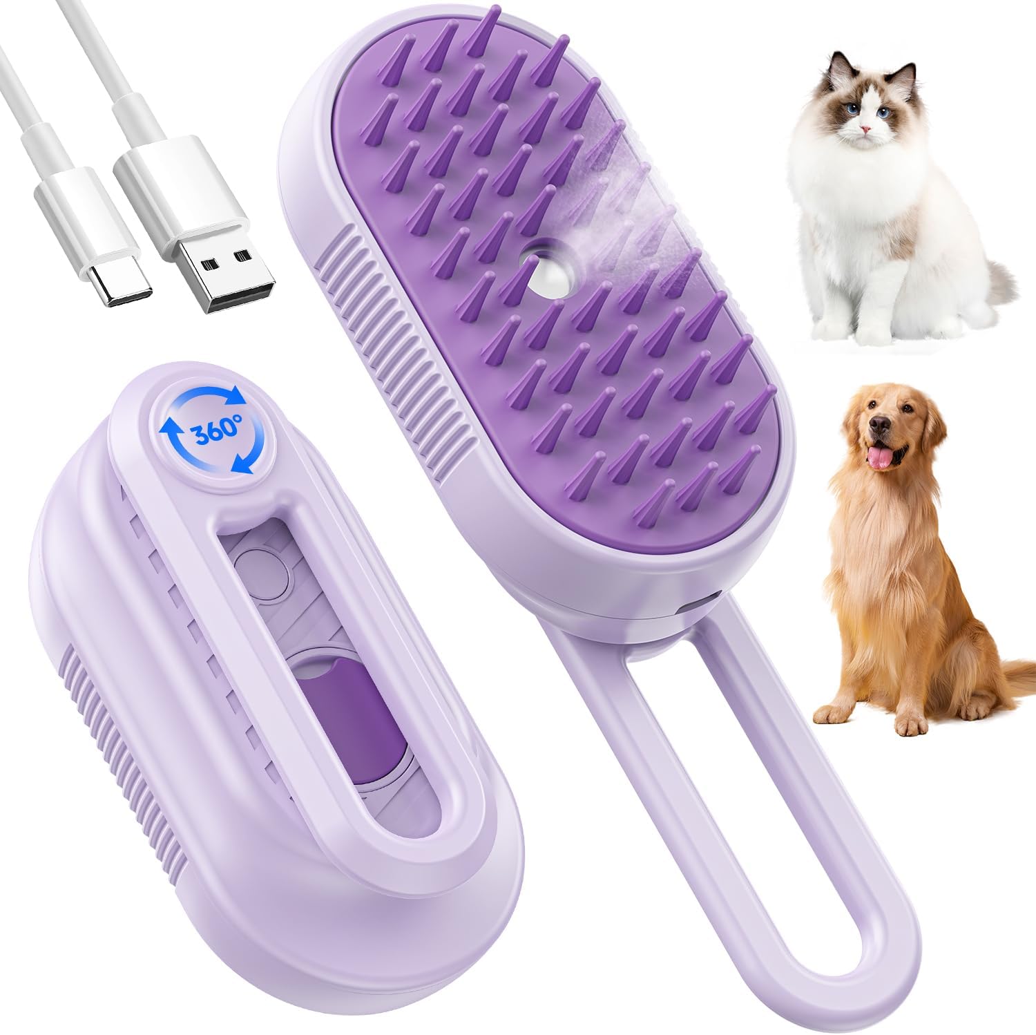 SILVLF cat steam brush purple front view showcasing the soft silicone bristles and mist outlet