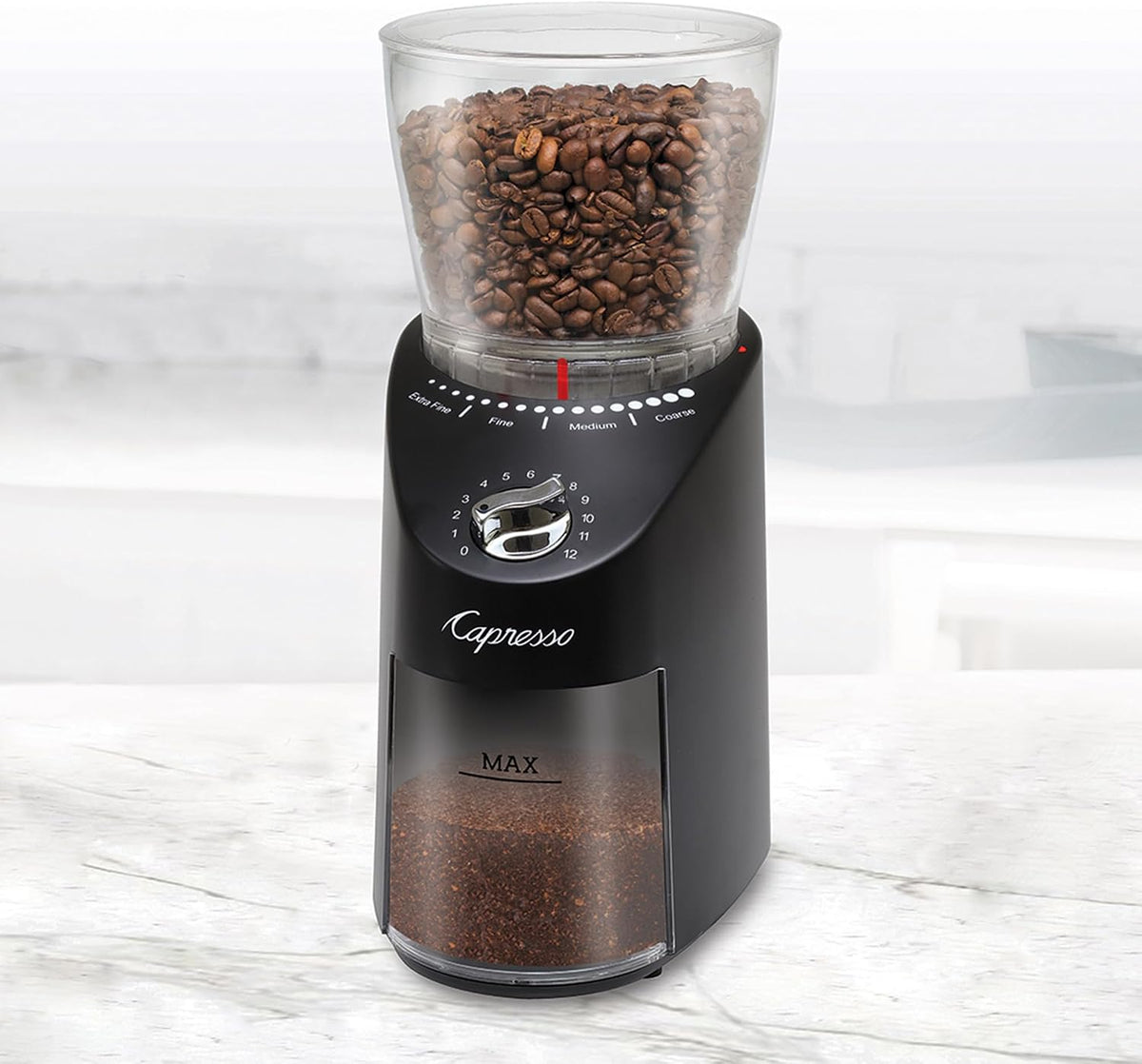 Capresso Infinity Plus coffee grinder bean hopper detail