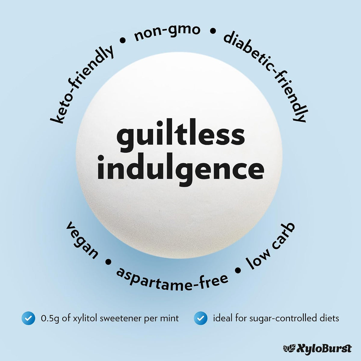 Close up view of the hard coated Xyloburst xylitol dental care mints