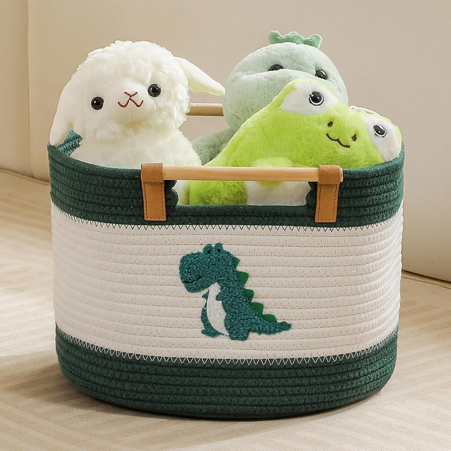 Tidelit dinosaur cotton rope basket front view for nursery storage