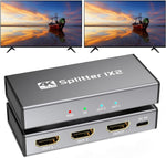 SVWSUN HDMI Splitter one input two output front view showing silver metal body and indicators.
