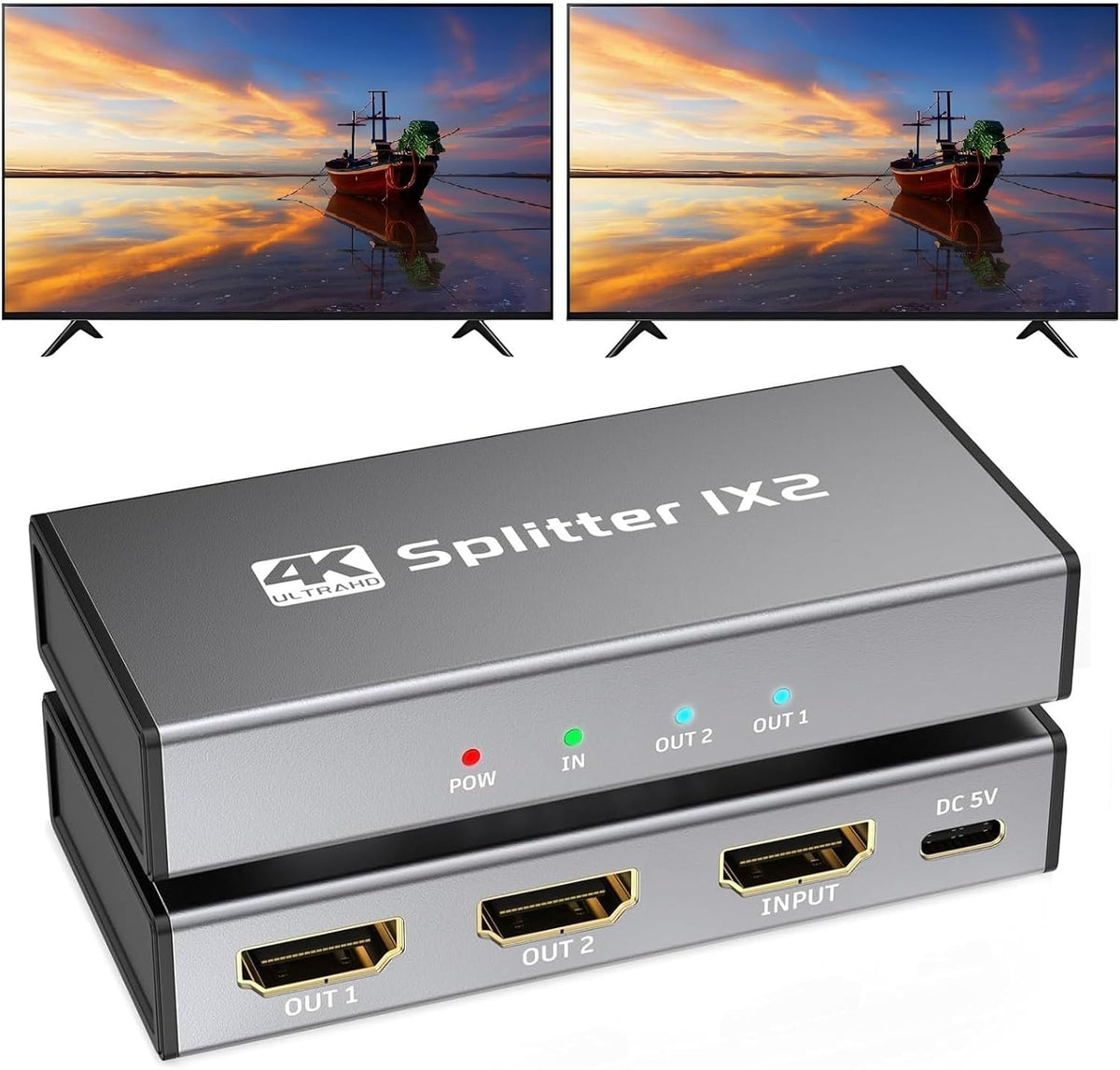 SVWSUN HDMI Splitter one input two output front view showing silver metal body and indicators.