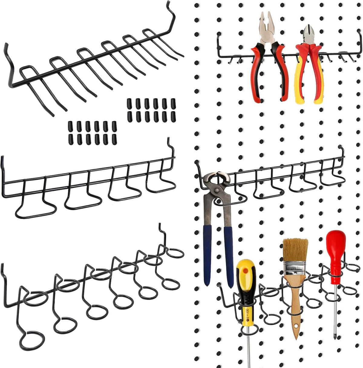 MDEOOSKY pegboard screwdriver holders front view showing 6 black stainless steel utility hooks