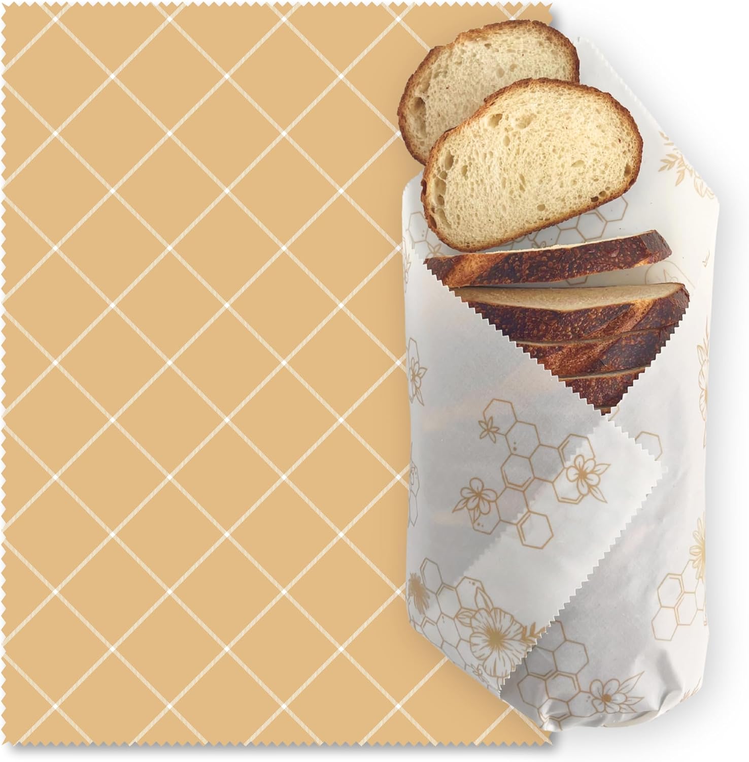 Nectar and Nest XL Beeswax Bread Wraps front view with honeycomb pattern
