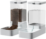 NKECOBJI automatic gravity pet feeder and water dispenser set front view showing transparent food and water barrels