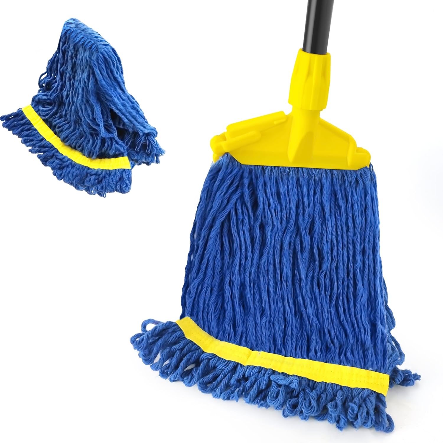 JEHONN commercial string mop front view showing heavy duty yellow clamp and blue cotton strings.