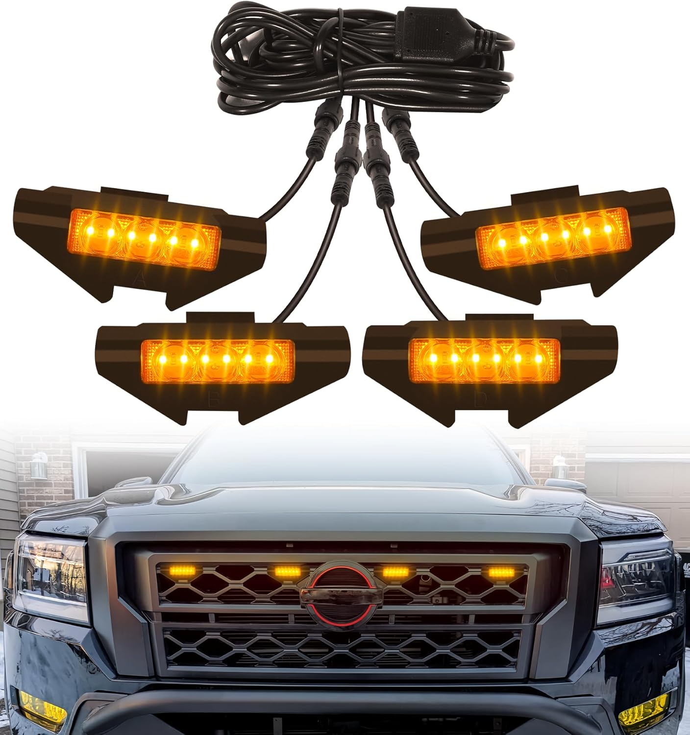 SDPVorn Nissan Frontier amber LED grill lights installed front view showing raptor style illumination.