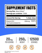 BulkSupplements Vitamin B12 250 grams nutritional facts label and pure ingredients