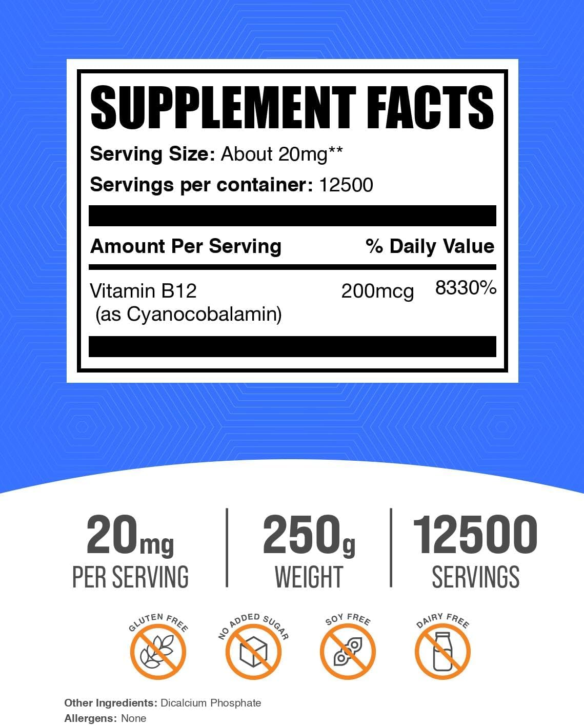 BulkSupplements Vitamin B12 250 grams nutritional facts label and pure ingredients