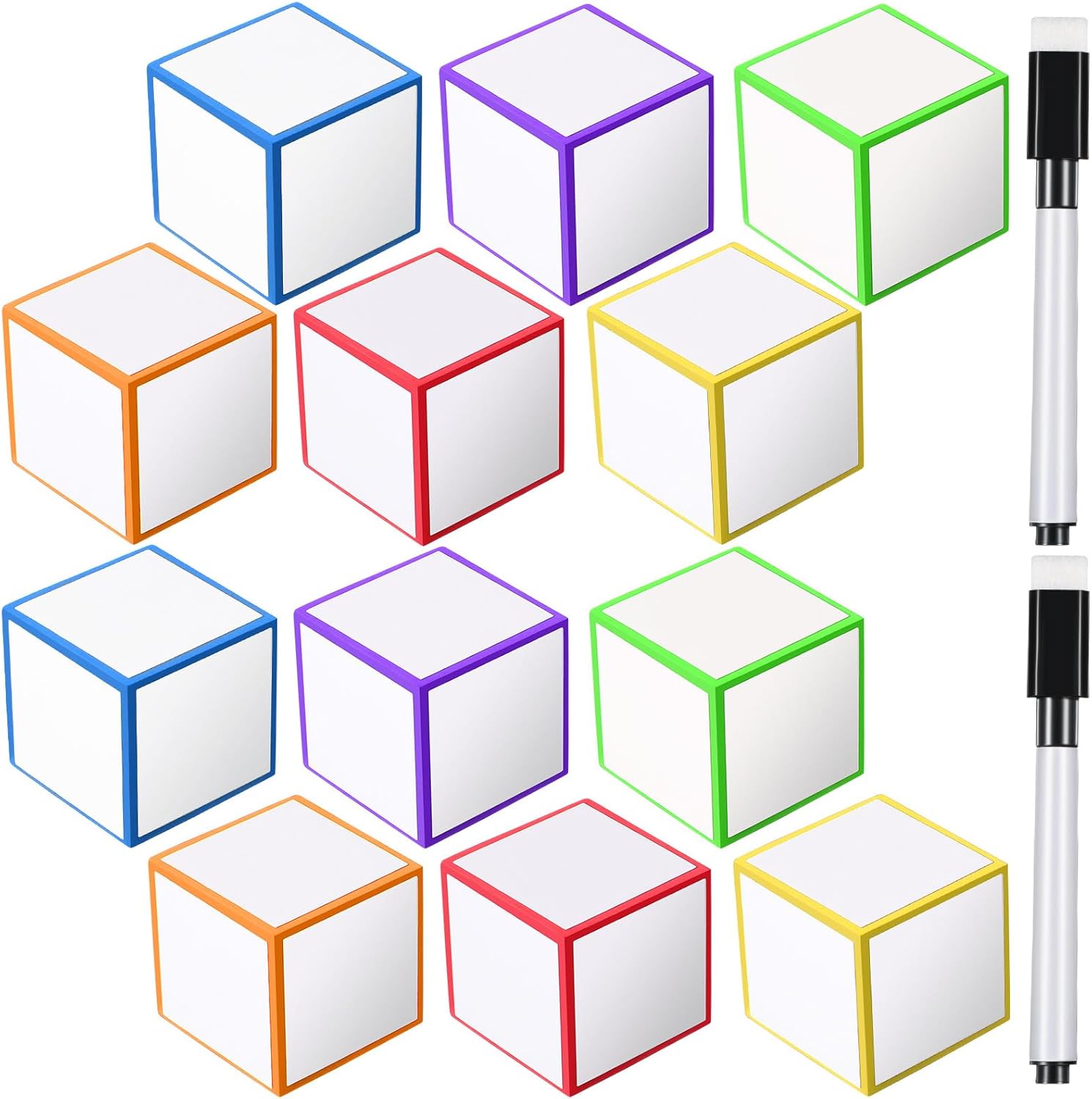 Meooeck dry erase foam cubes front view showcasing twelve colorful dice with markers