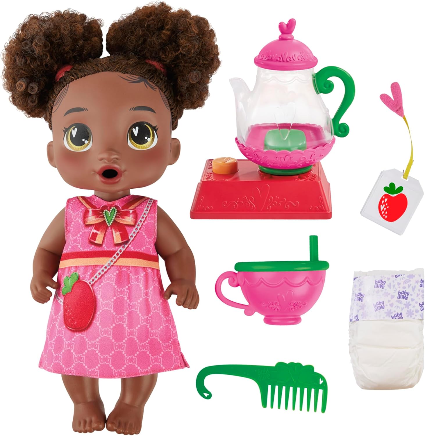 Baby Alive Bubbly Tea Party Berry Boo doll front view showing black curly hair and tea accessories