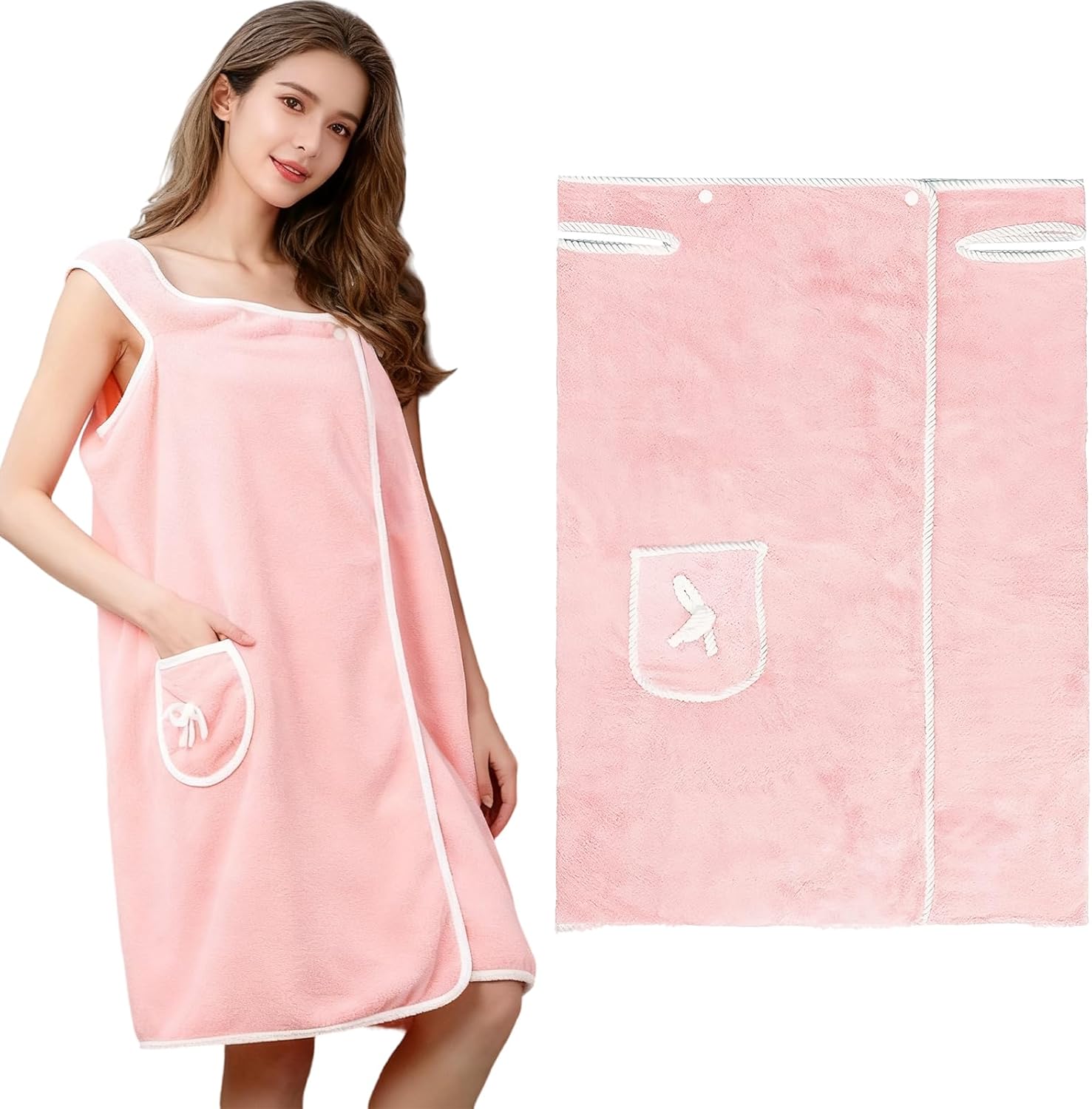 Pink wearable bath towel wrap with bow pocket front view