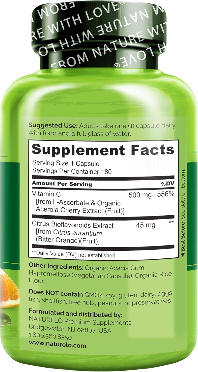 NATURELO plant-based vitamin c supplement ingredients list panel