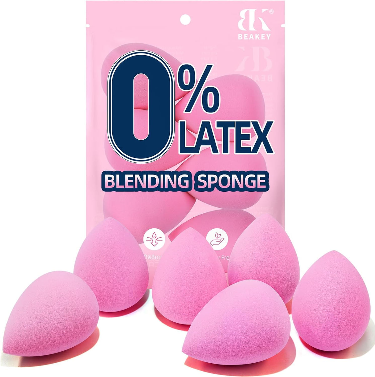 BEAKEY Super Soft Makeup Sponge Set front view of six pink latex free beauty blenders