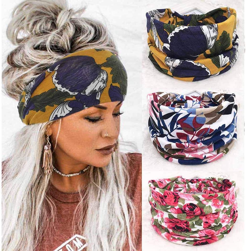 Boho Bandeau Headbands Wide Knot Hair Band Stretch Turban Head Wraps Fashion Hair Accessories for Women 3 Pcs (Elegant) - Image 15