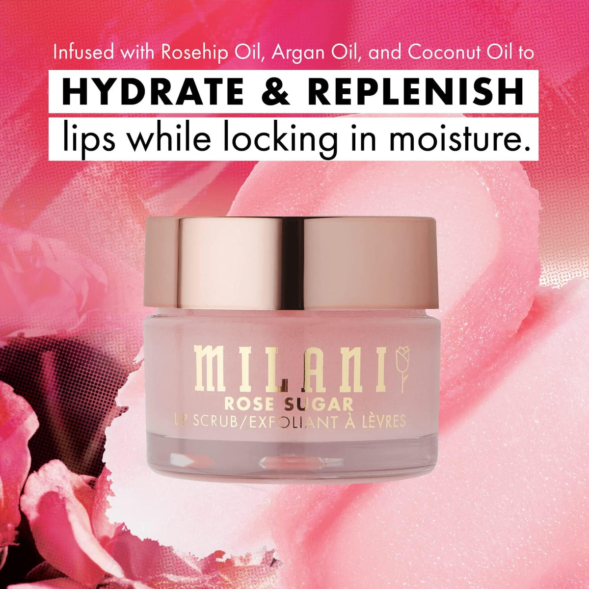 Milani Rose Sugar Lip Scrub 12 Grams packaging back view showing ingredients