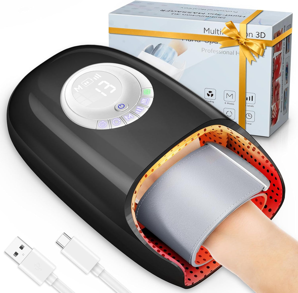 SKRFORM Hand Massager front view showing the sleek black exterior and control panel for compression therapy.